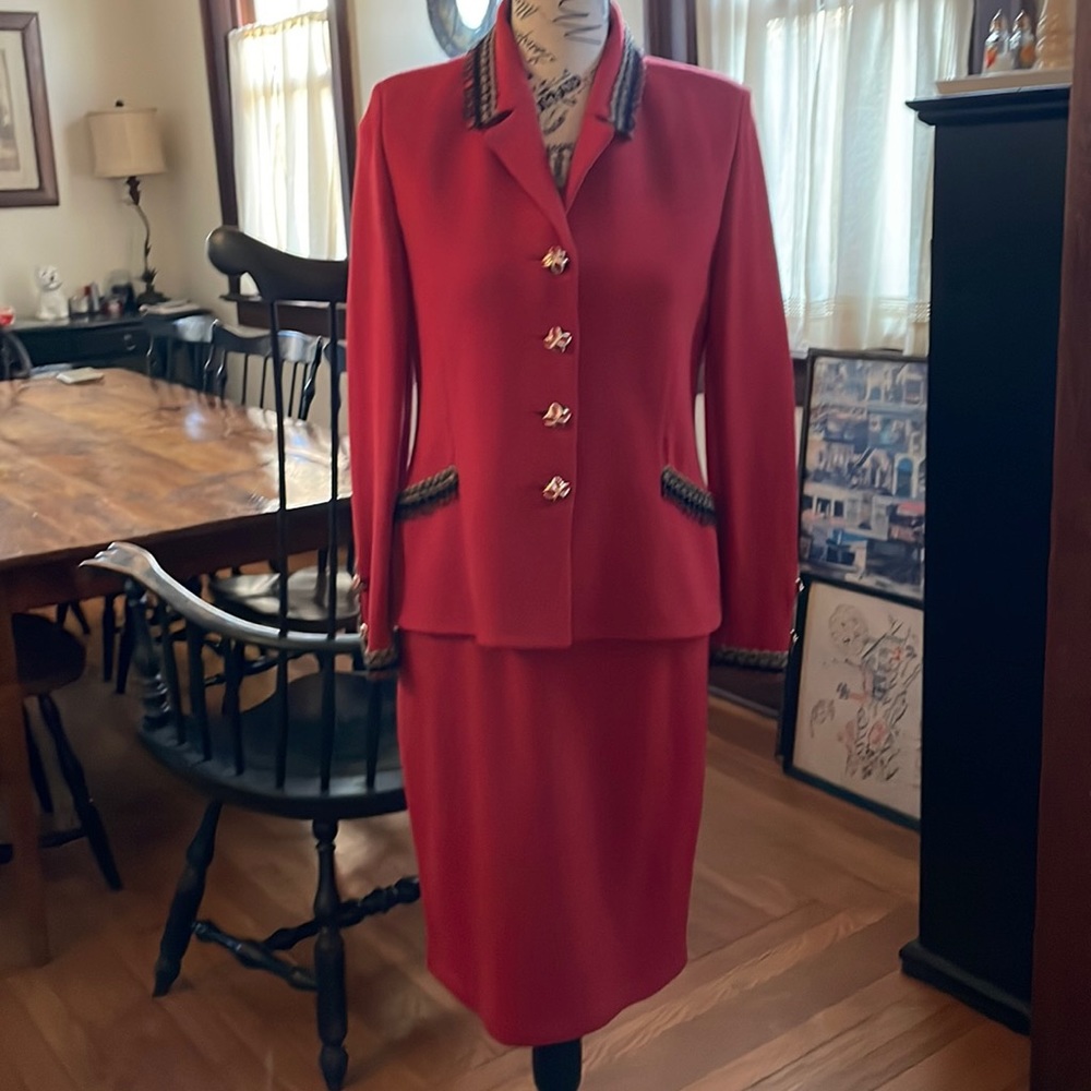 St. John Collection Red Skirt Suit with Black Trim